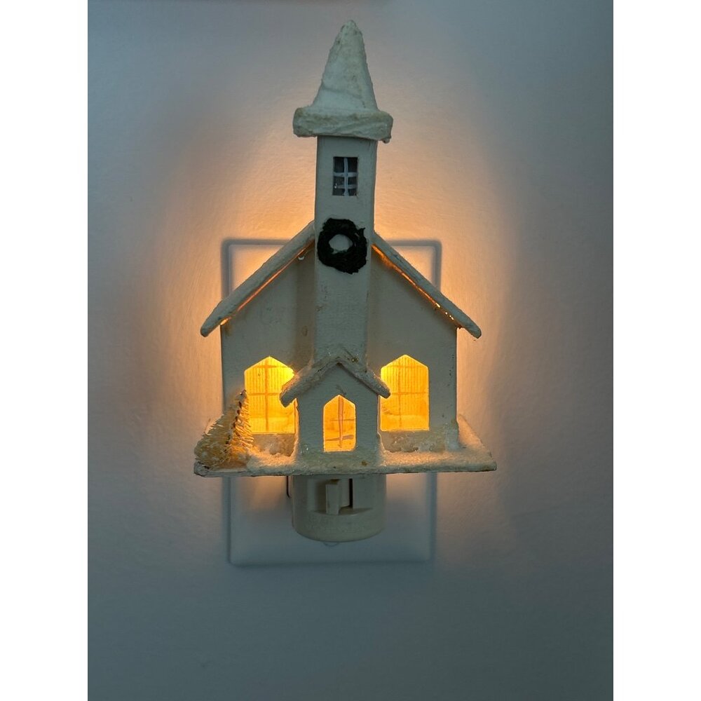 VTG 1960's Putz Church Nightlight w/Steeple Christmas Wreath & Glitter Accents